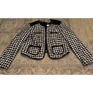 Cache Short Acrylic Wool Blend Black/White Check Blazer Jacket Size 2 New